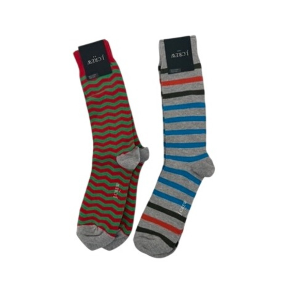 J.Crew Crew Socks Mens 2 Pack One Size Red Green Chevron Grey Striped Lot 2 New